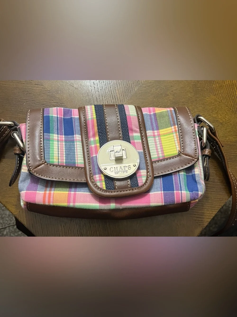 Chaps Brown Leather-Trim Plaid Crossbody Bag